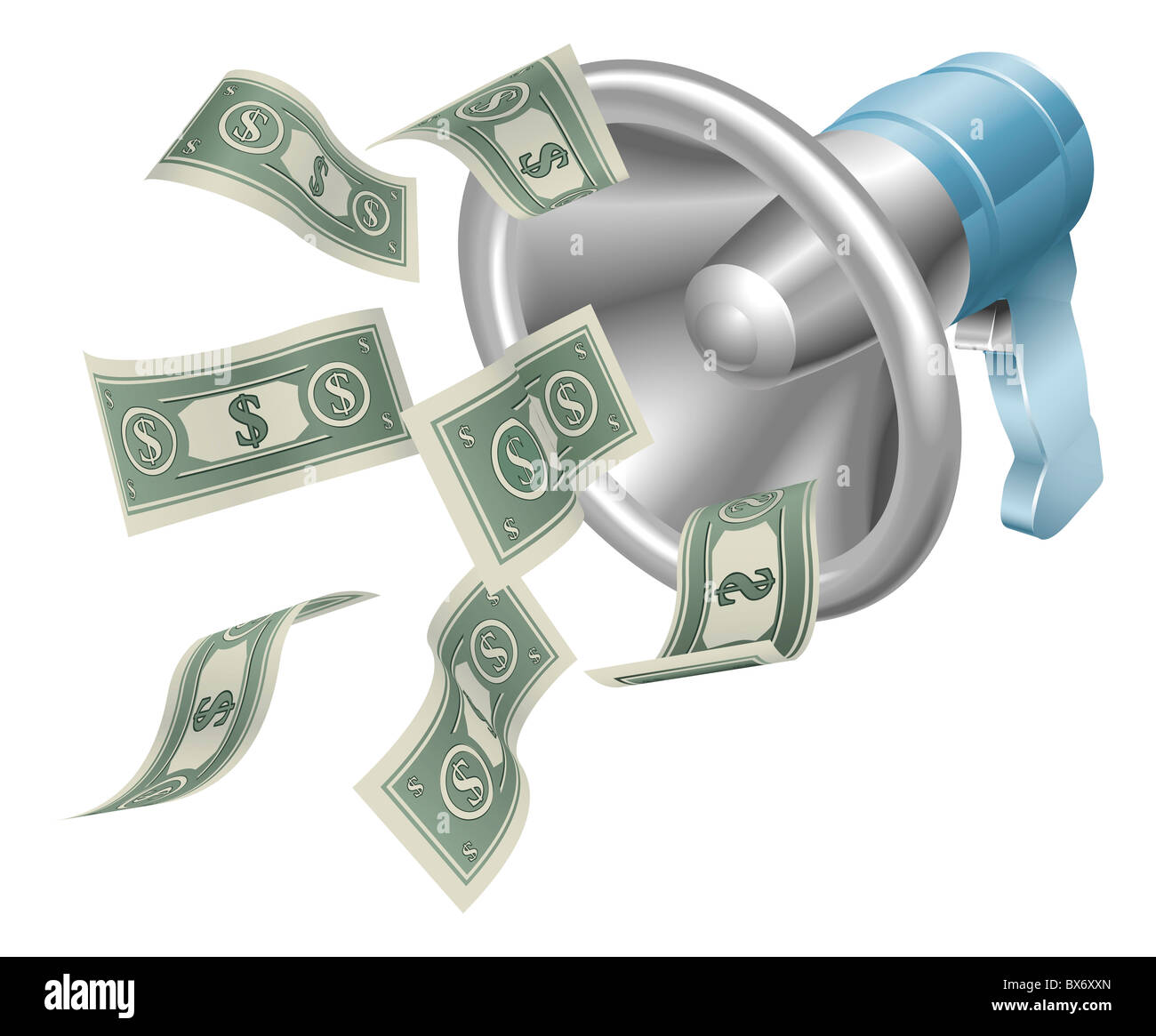 Megaphon mit Geld fliegen aus. Konzeptionelle Darstellung die Vermittlungsgebühren oder Affiliate-marketing Stockfoto