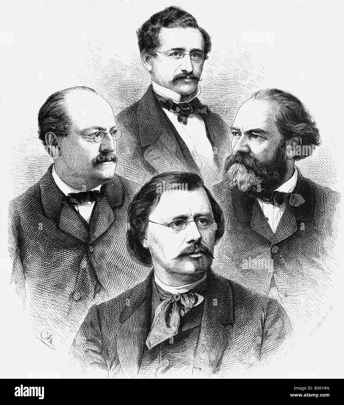 Scholz, Wilhelm, 23.1.188 - 20.6.1893, deutscher Illustrator, Karikaturist, Porträt, mit Ernst Dohm, David Kalisch und Rudolph Loewenstein, Holzgravur, ca. um das Jahr 1867, Stockfoto