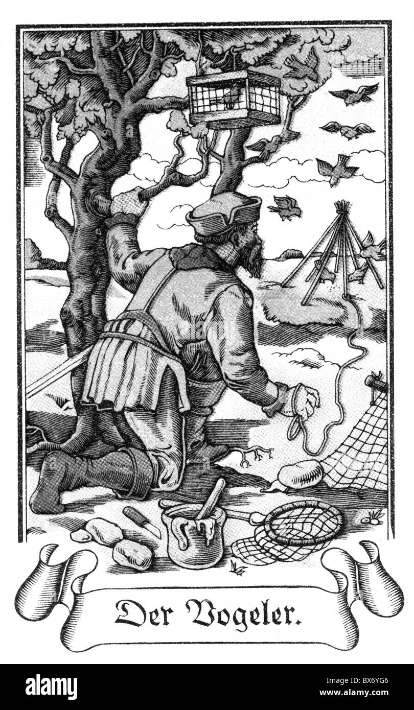Personen, Berufe, Vogelfänger, um 1575, Farbdruck, Zigarettenkarte, Tengelmann, Mühlheim/Ruhr, 1934, , Zusatz-Rechteklärung-nicht vorhanden Stockfoto