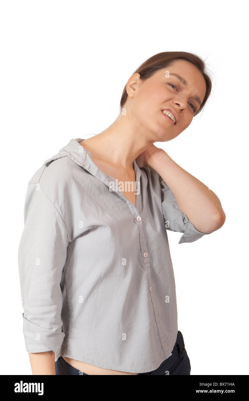 Frau mit Nackenschmerzen Stockfoto