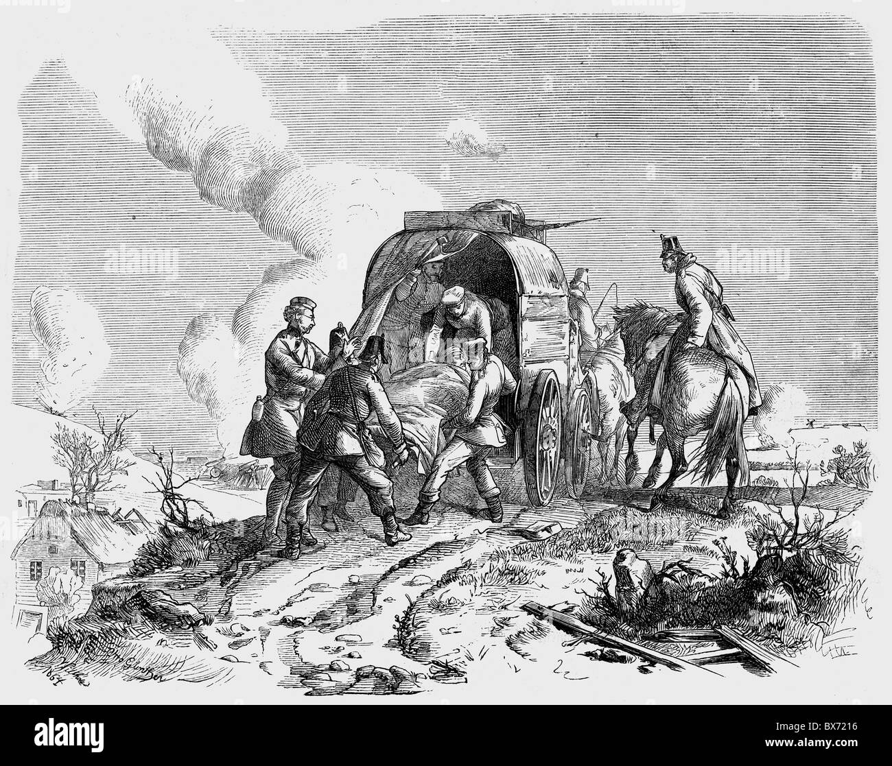Ereignisse, 2. Schleswig-Krieg 1864, Schlacht bei Dibbol, 18.4.1864, verwundete preußische Soldaten auf einen Pferdewagen verladen, Holzstich nach Zeichnung von Otto Günther, 19. Jahrhundert, Dänemark, Deutschland, Kriege der deutschen Vereinigung, historisch, historisch, medizinischer Dienst, Soldaten, Medizin, Sanitätsmänner, Sanitäter, Trainer, Kutsche, Korpsenmänner, Korpsmann, Rotes Kreuz, Gunther, Günther, Personen, zusätzliche-Rechte-Clearences-nicht verfügbar Stockfoto