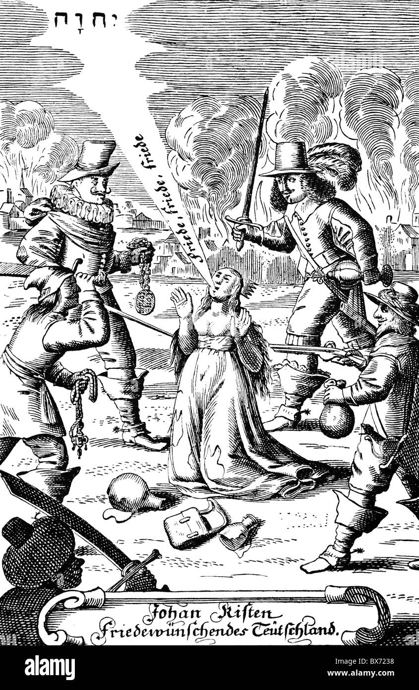 Veranstaltungen, dreißig Jahre Krieg 1618 - 1648, Allegorie, 'Friedenswünschendes Teutschland 1647" ("Frieden, Deutschland 1647') Kupferstich von Johann Rist, 1653, Artist's Urheberrecht nicht gelöscht werden Stockfoto