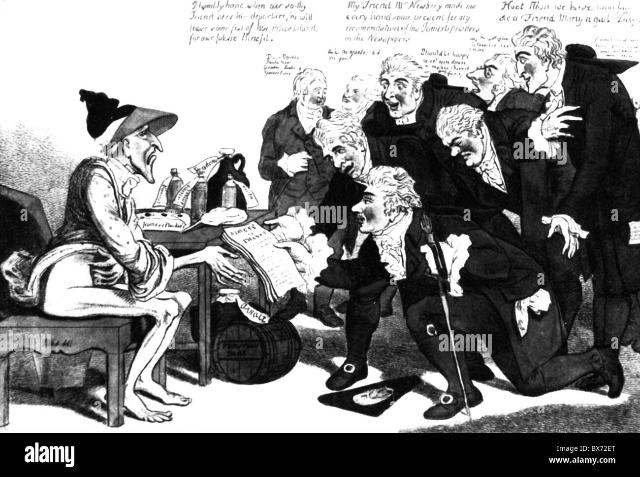 Medizin, Krankheit, Grippe, Karikatur auf die Ohnmacht der Ärzte während der epedemic in London 1803, 'Brief des Dankes der medizinischen Fakultät der ehrenwerteste Herr Influenza für freundlicherweise Besuch unseres Landes', zeitgenössische Zeichnung von Thomas Rowlandson, , zusätzliche-Rechte-Clearences-nicht verfügbar Stockfoto