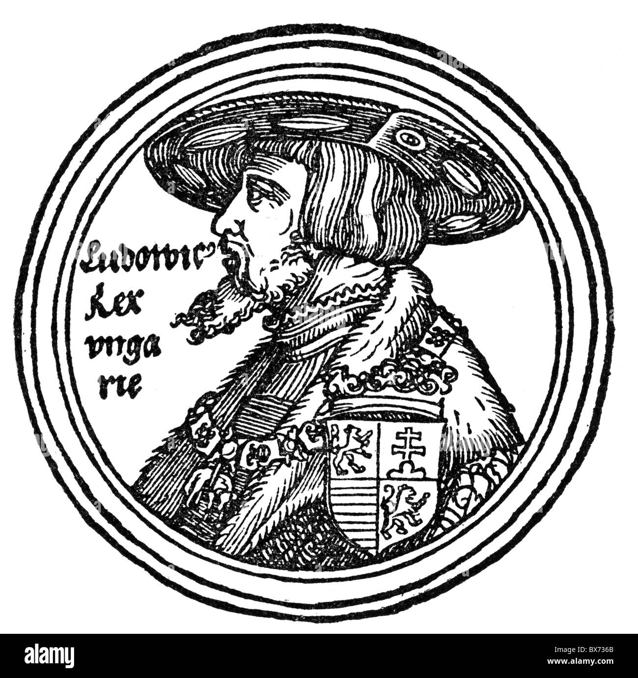 Louis II, 1.7.1506 - 29.8.1526, König von Ungarn und Böhmen 13.3.1516 - 29.8.1526, Porträt, Holzschnitt von Albrecht Dürer, Anfang des 16. Jahrhunderts, Artist's Urheberrecht nicht gelöscht werden Stockfoto