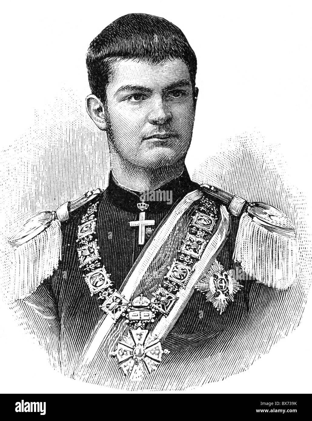 Alexander I., 14.8.1876 - 11.6.1903, König von Serbien 6.3.1889 - 11.6.1903, Porträt, Holzgravur, ca. um das Jahr 1895, Stockfoto