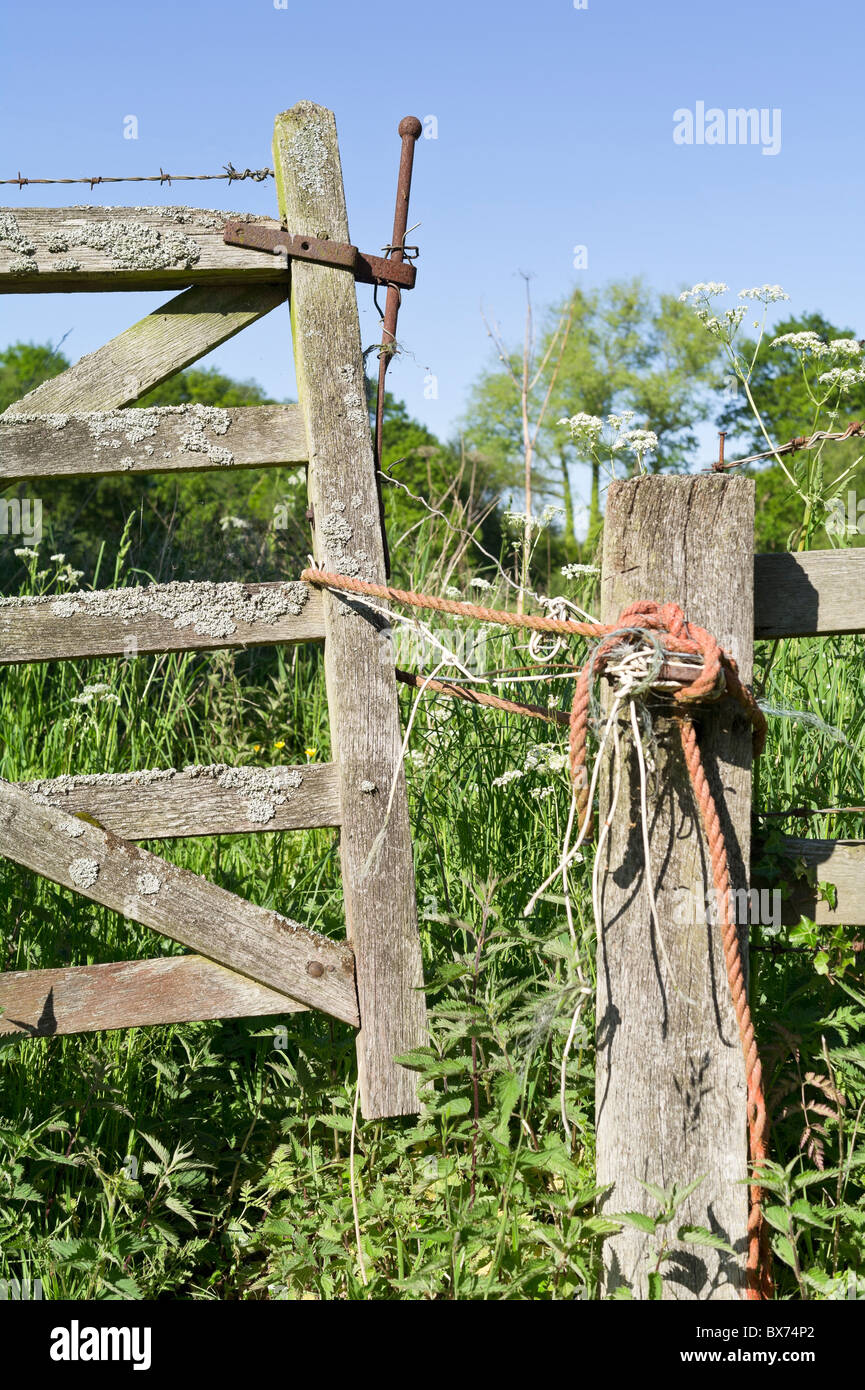 Alte rustikale Holztor am Eingang zum Feld Stockfoto