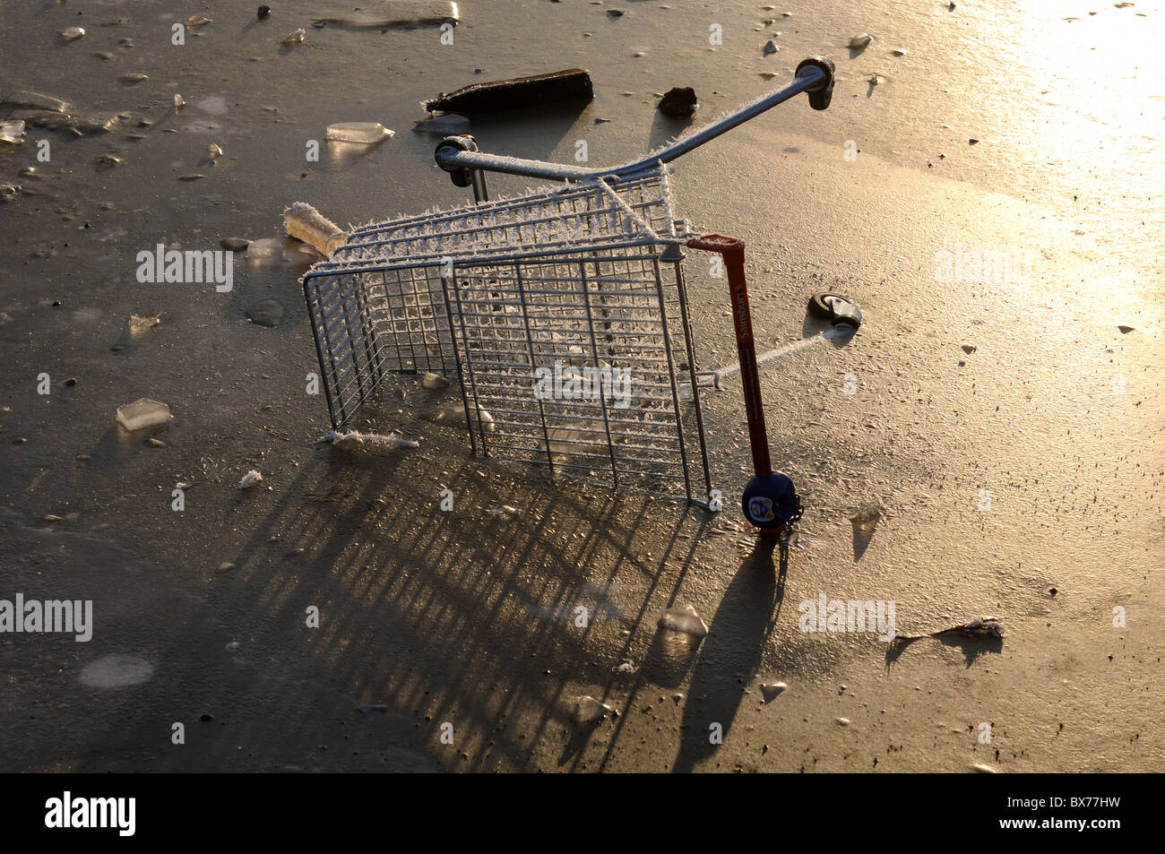 Aufgegeben von Einkaufswagen in Eis eingefroren Stockfoto