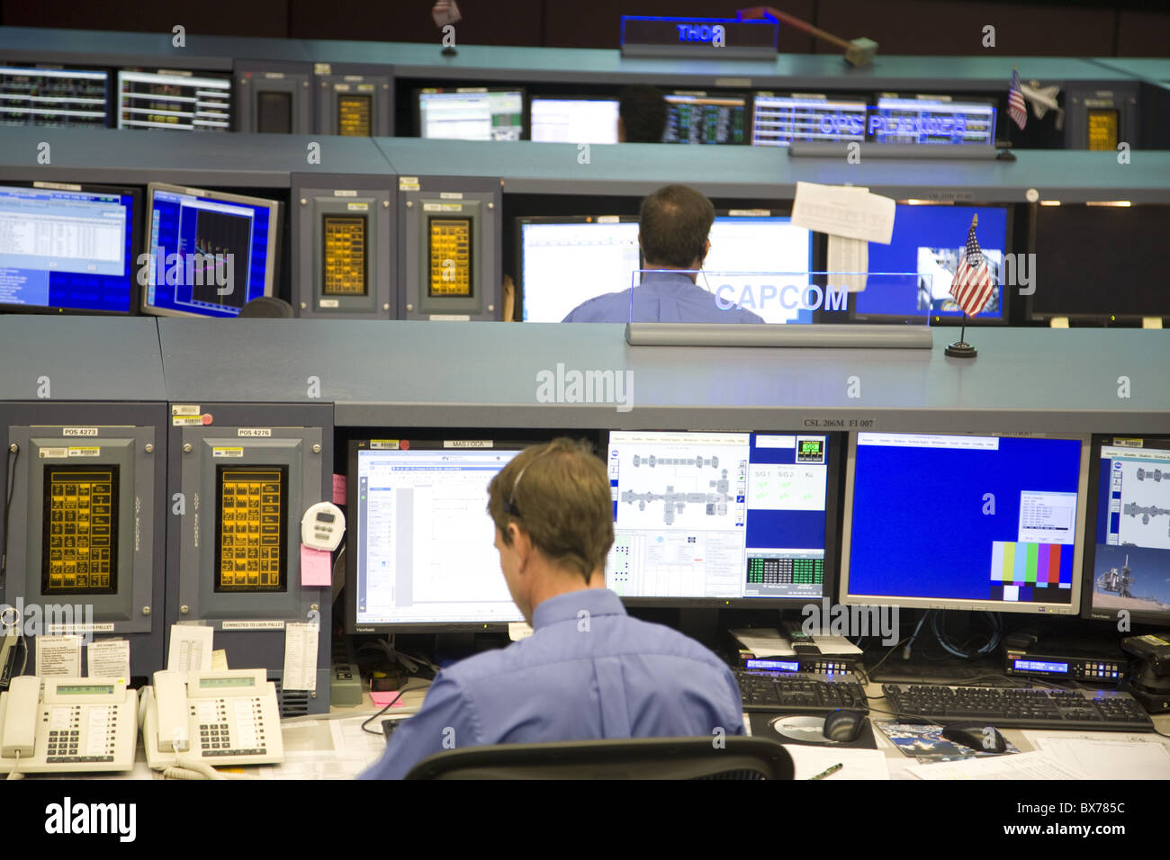 Mission Control Zimmer im NASA, Houston, Texas, Vereinigte Staaten von Amerika, Nordamerika Stockfoto