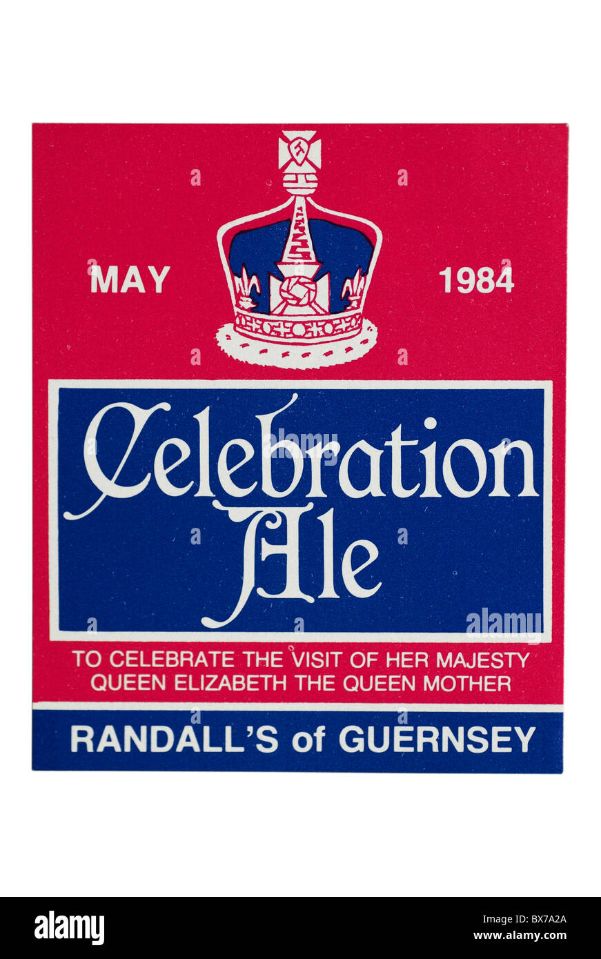 Randall von Guernsey Feier Ale-Flaschen-Etikett - Mai 1984. Stockfoto