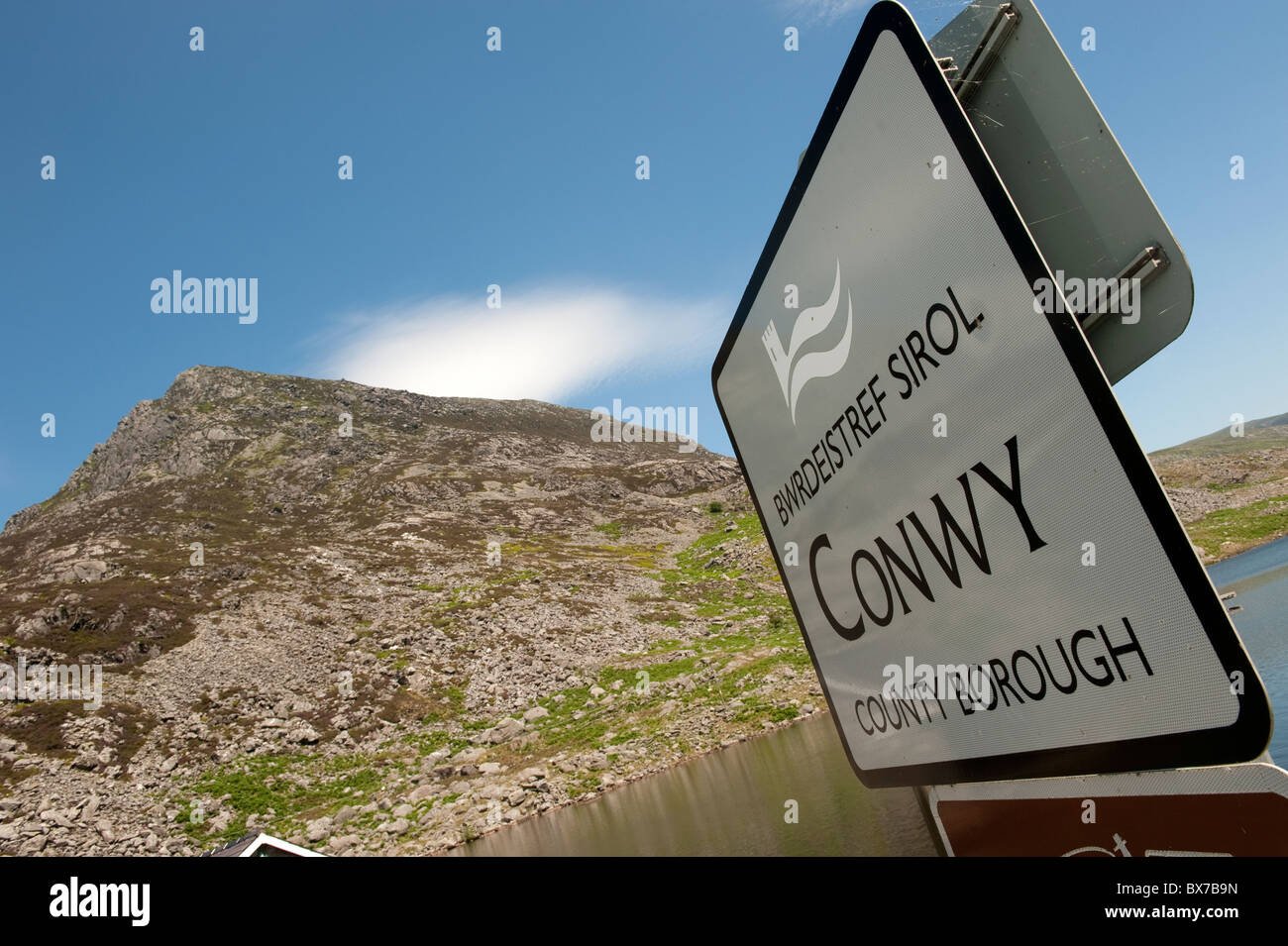Conwy Zeichen Ogwen See Snowdonia Nordwales Stockfoto