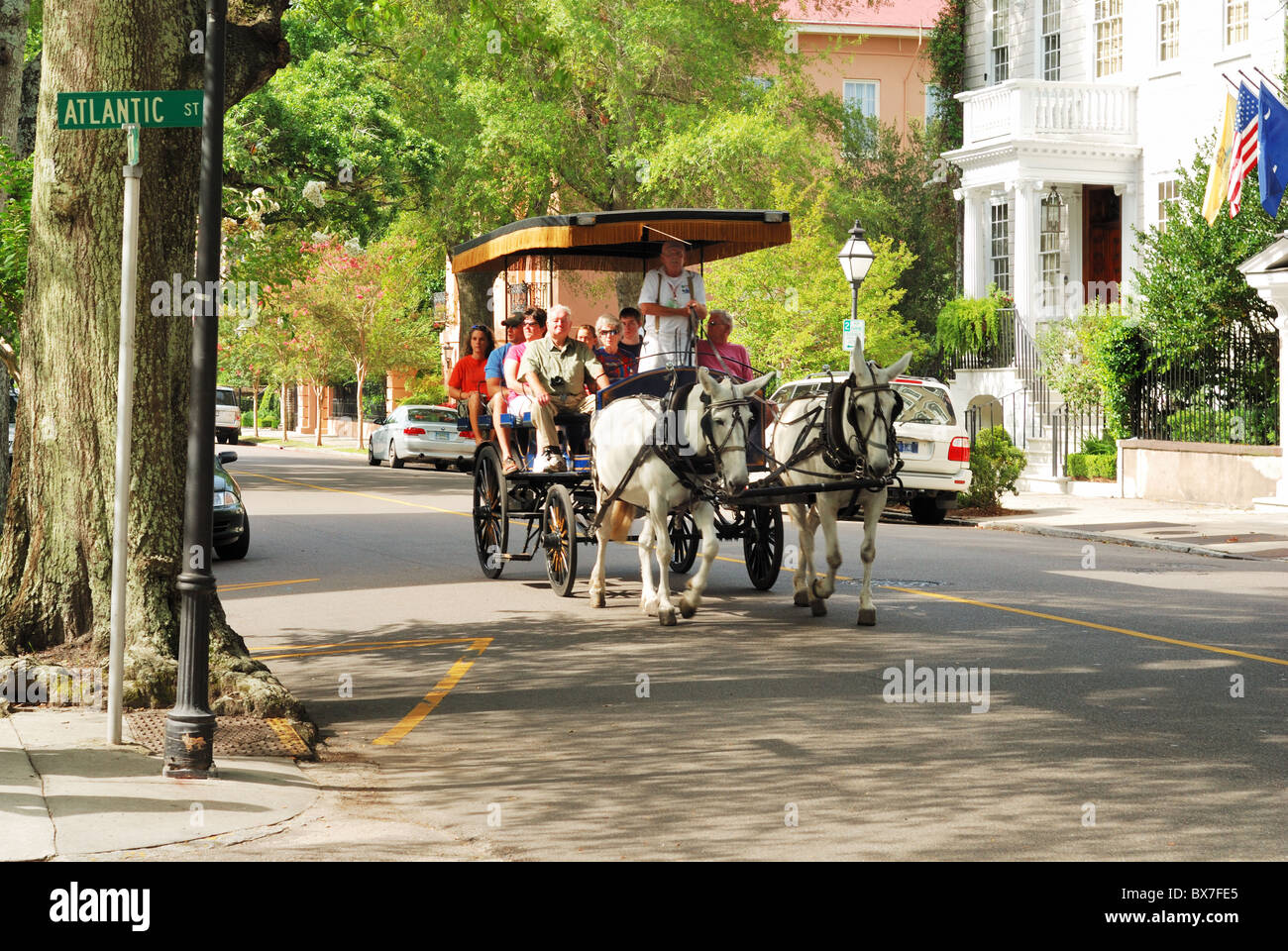 Sightseeing Reitertour auf Straßen des historischen Teil des alten Charleston, SC Stockfoto