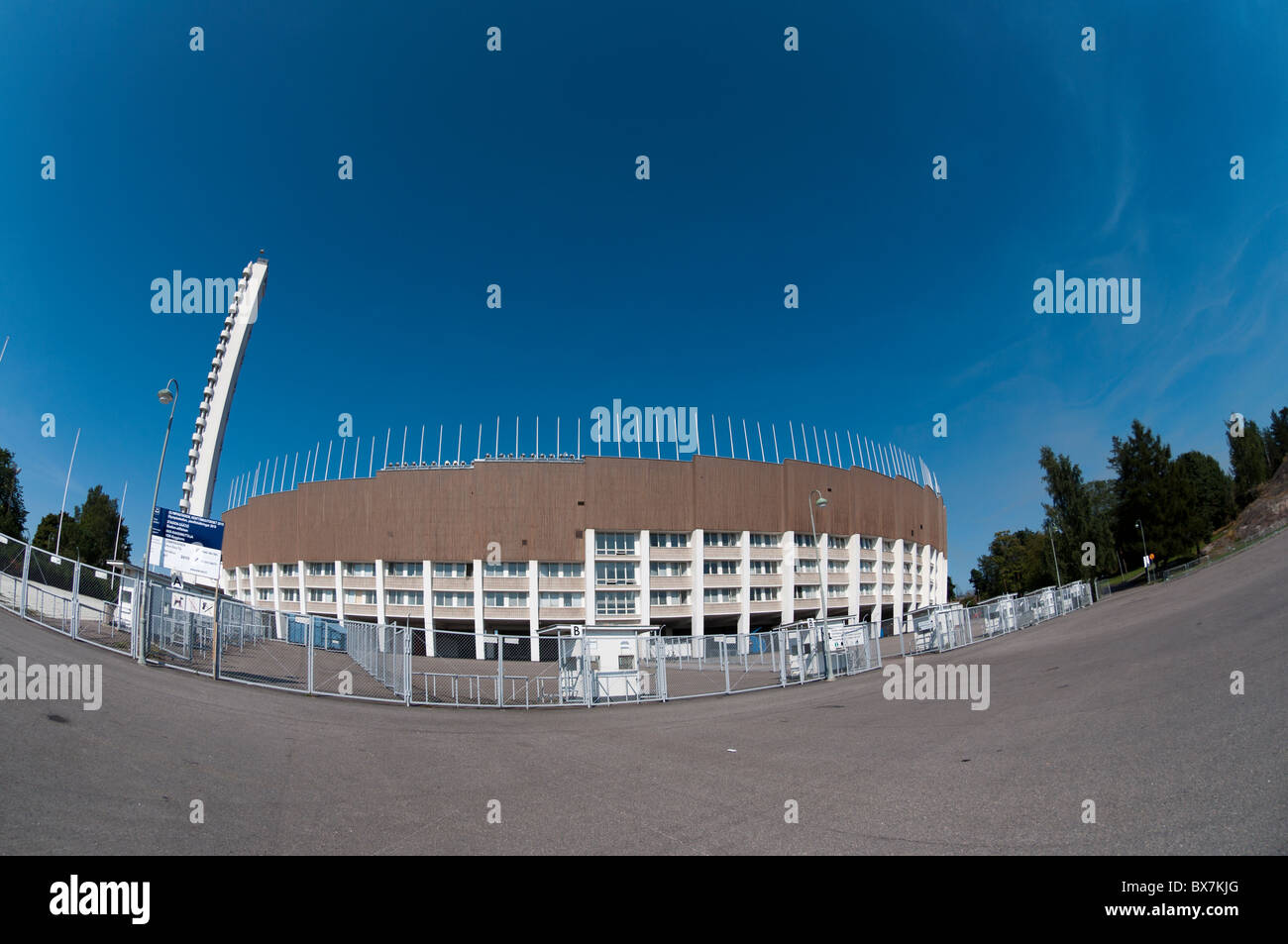 Ein Fischauge Foto des Olympiastadions war Heimat für die Olympischen Sommerspiele 1952 in Helsinki, Finnland. Stockfoto