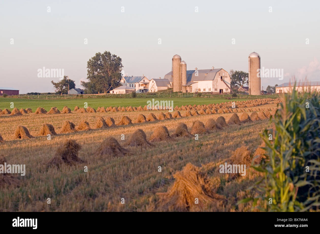Malerischen Bauernhof mit Heuballen und Scheune im Hintergrund Stockfoto
