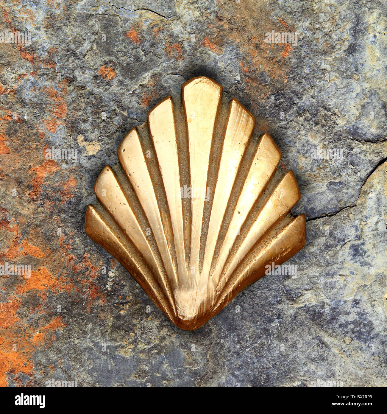 Saint James shell Weg golden Metall auf Straßen Boden Steinboden Stockfoto