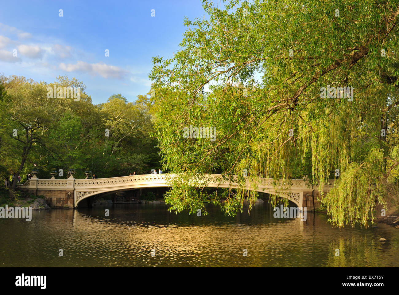 Central Park-Bogen-Brücke überspannt den Teich in New York City The Lake. Stockfoto