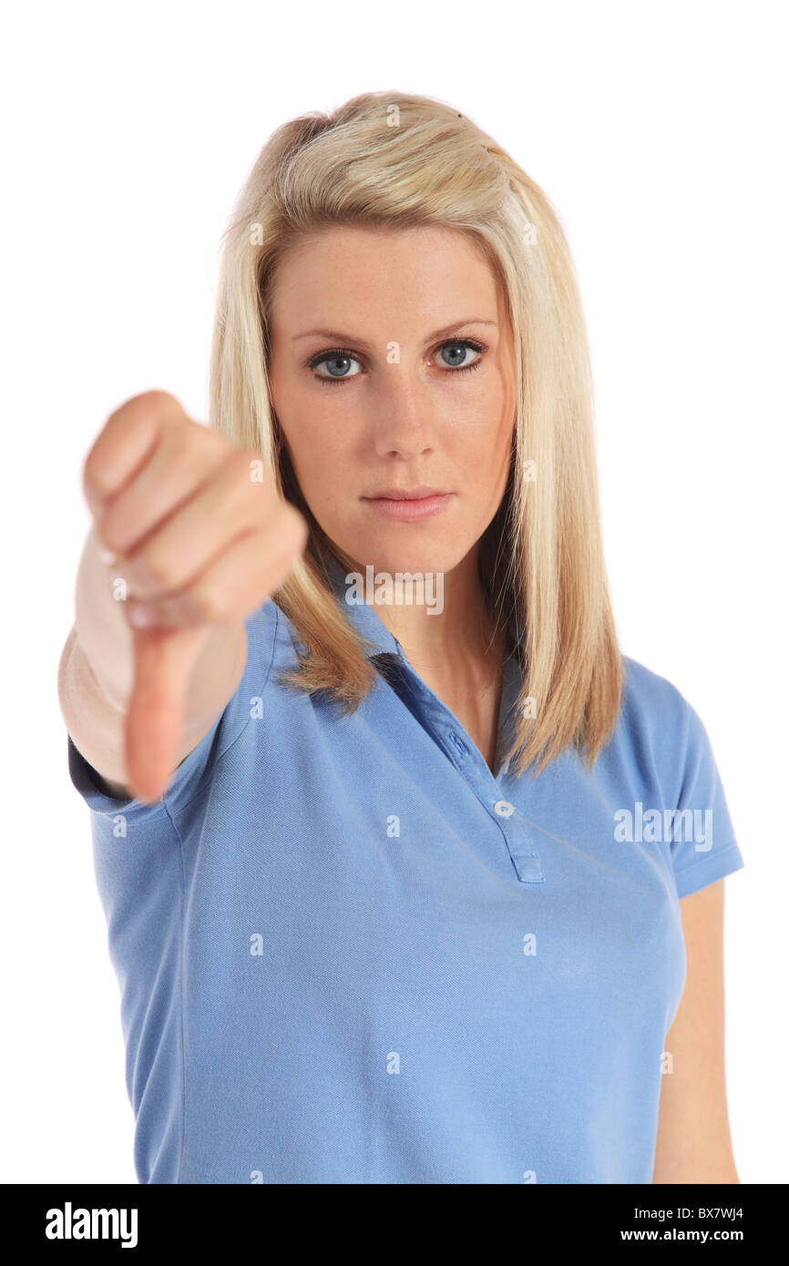 Eine attraktive junge Frau negative Geste. Alle auf weißem Hintergrund. Stockfoto