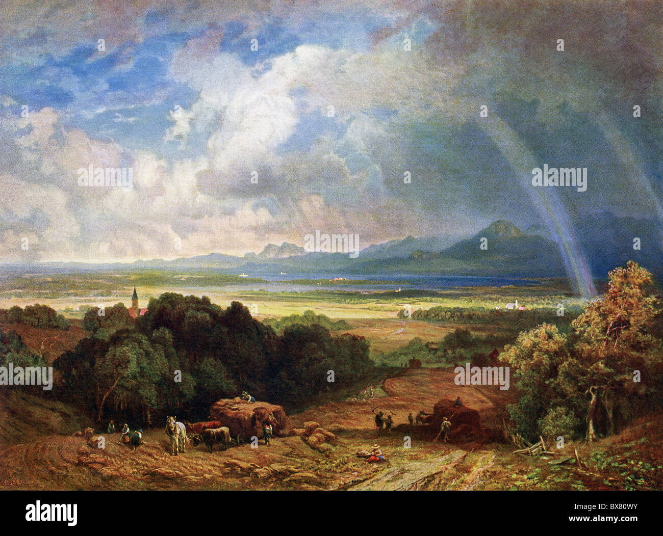 Deutscher Maler Eduard Schleich malte diese idyllische Landschaft-Szene mit dem Titel "Chiemsee Landschaft mit Regenbogen" im Jahre 1863. Stockfoto