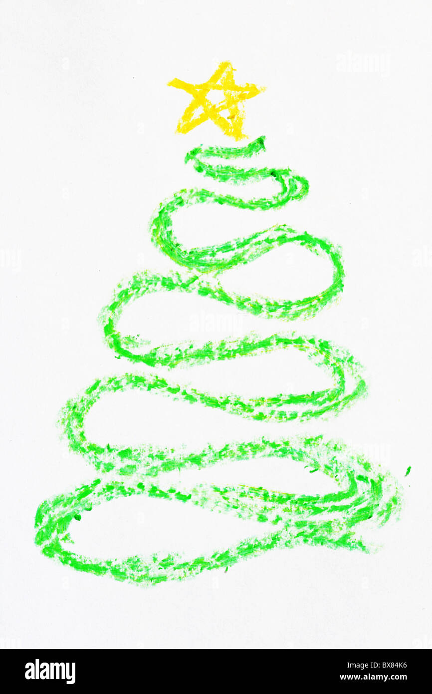 Wachsmalstift gebogen Weihnachtsbaum mit gelben Stern zeichnen Stockfoto