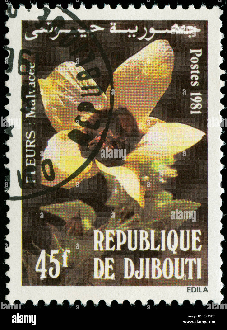 Stempel aus Dschibuti mit Bild einer Blume abgesagt Stockfoto