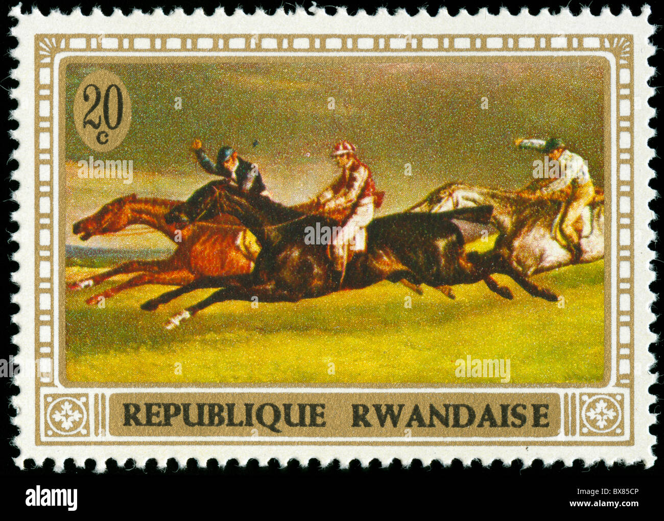 Briefmarke aus Ruanda Darstellung Pferderennen Stockfoto