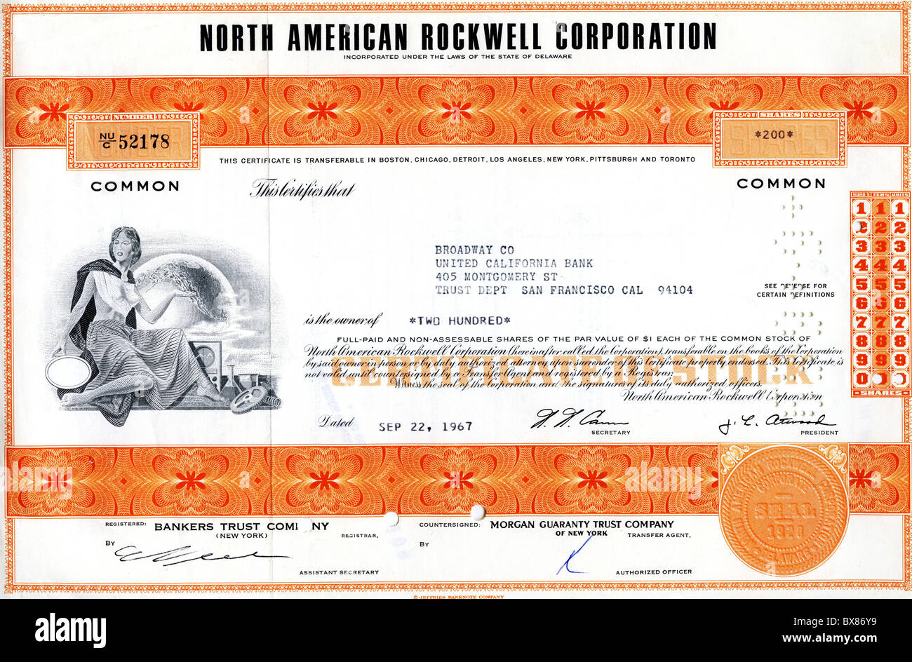 Geld / Finanzen, Aktien, North American Rockwell Corporation, Zertifikat für 200 Aktien, eingetragen bei Bankers Trust Company für United California Bank, New York, 22.9.1967, zusätzliche-Rechte-Clearenzen-nicht verfügbar Stockfoto