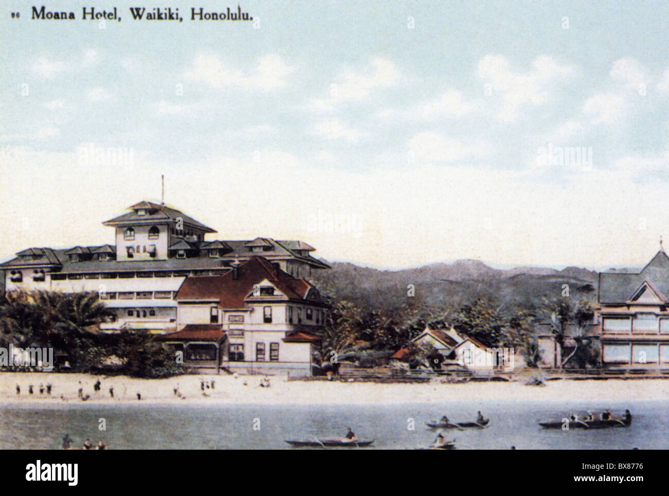 Geographie / Reisen, USA, Hawaii, Oahu, Honululu, Waikiki Beach und Moana Hotel, farbige Ansichtskarte, 1904, zusätzliche-Rechte-Clearences-nicht vorhanden Stockfoto