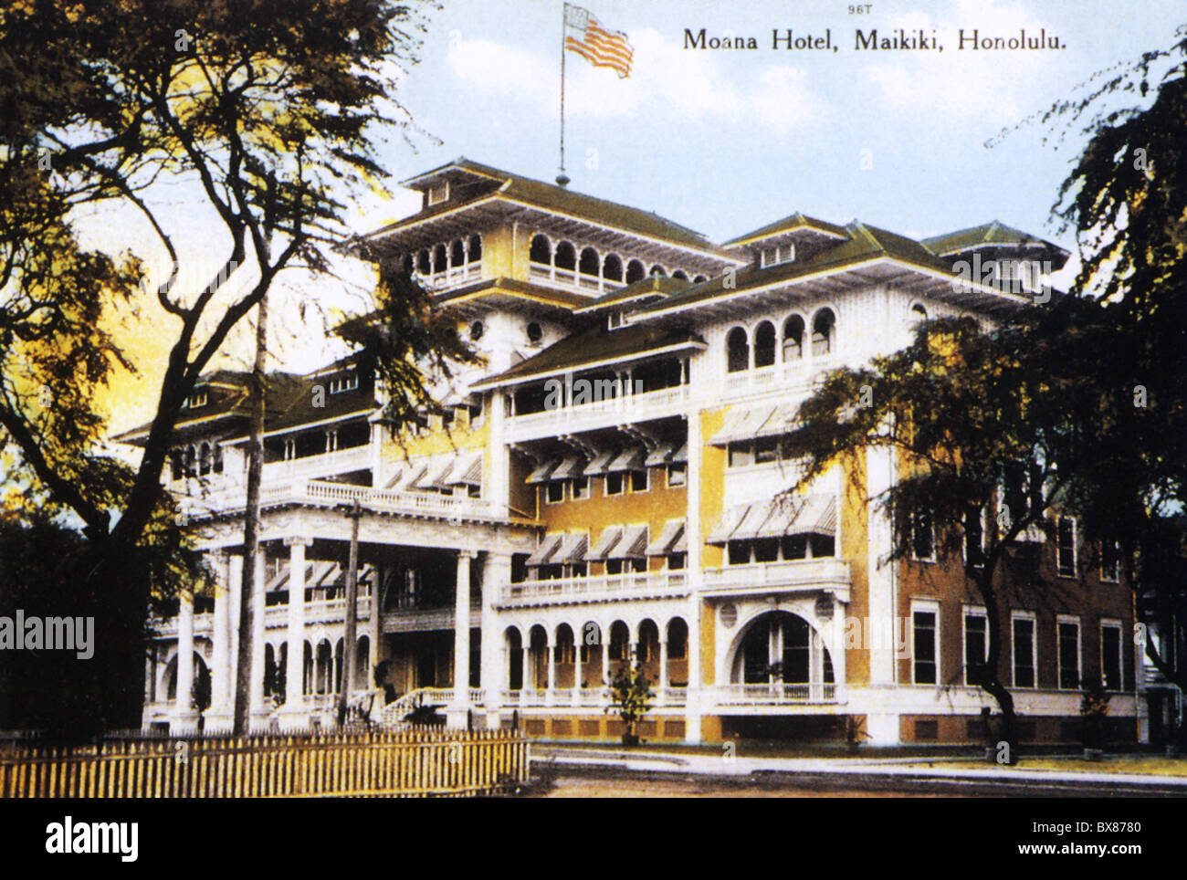 Geographie / Reisen, USA, Hawaii, Oahu, Honululu, Waikiki Beach, Moana Hotel, Außenansicht, farbige Ansichtskarte, 1913, zusätzliche-Rechte-Clearences-not available Stockfoto