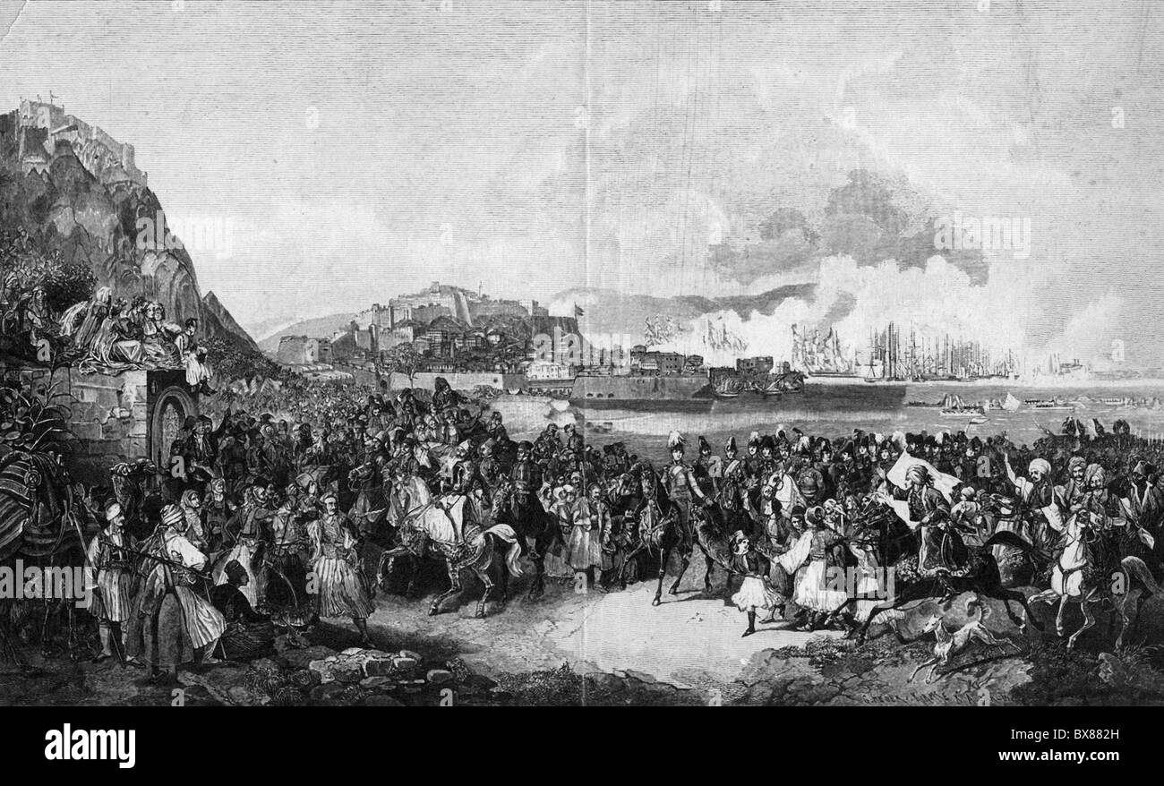 Otto I., 1.6.1815 - 26.7.1867, König von Griechenland 5.10.1832 - 24.10.1862, Ankunft in Nauplion, 6.2.1834, Holzgravur nach Malerei von Peter von Hess, 181, Stockfoto