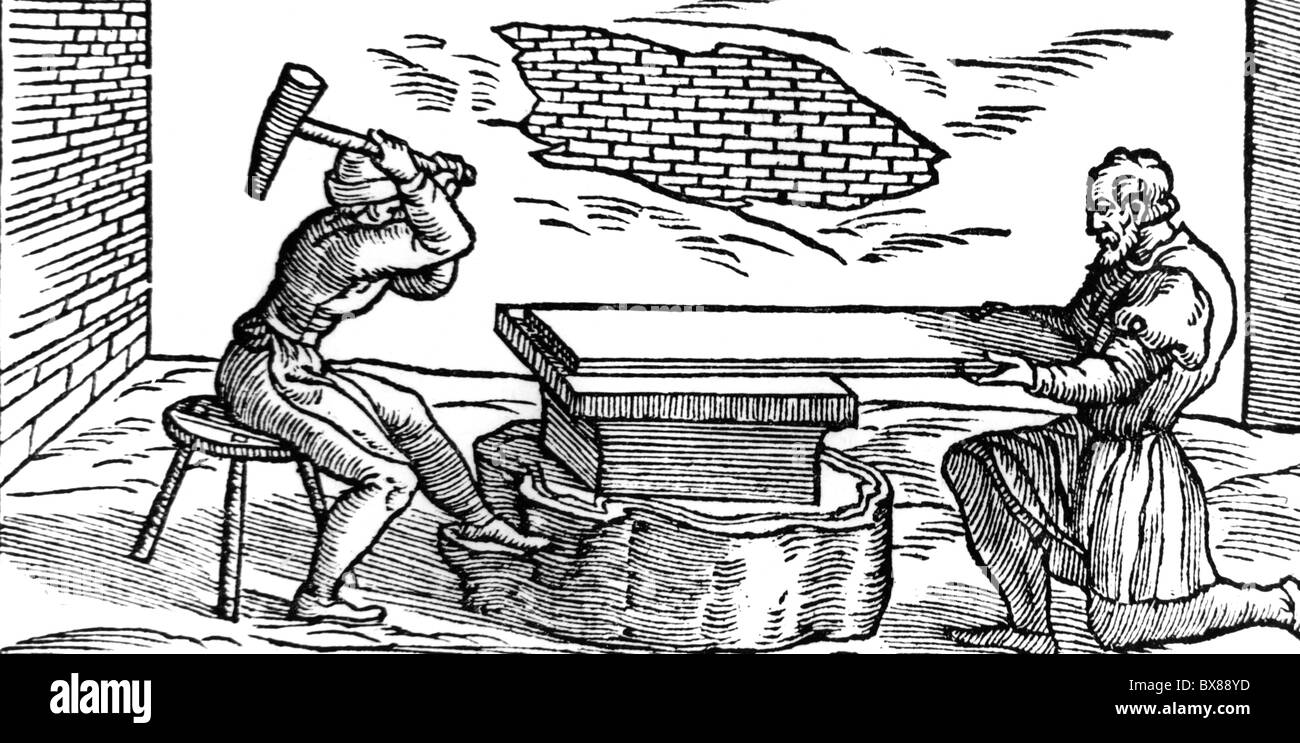 Personen, Berufe, Blechbesetzer, Holzschnitt, 'De la Pirotechnia' von Vannoccio Biringuccio, 1559, , zusätzliche-Rechte-Freierungen-nicht verfügbar Stockfoto