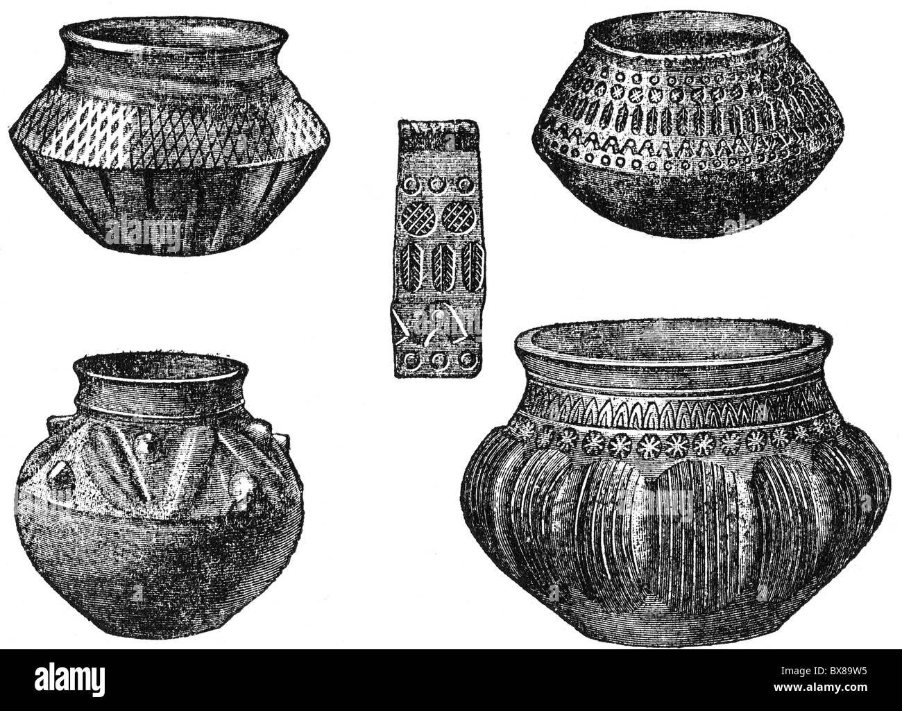 Haushaltsgeschirr, Geschirr, merowingische Tongefäße, Holzstich, 'Handbuch der deutschen Alterthumskunde' von Ludwig Lindenschnit, 1880 - 1889, , Additional-Rights-Clearences-not available Stockfoto