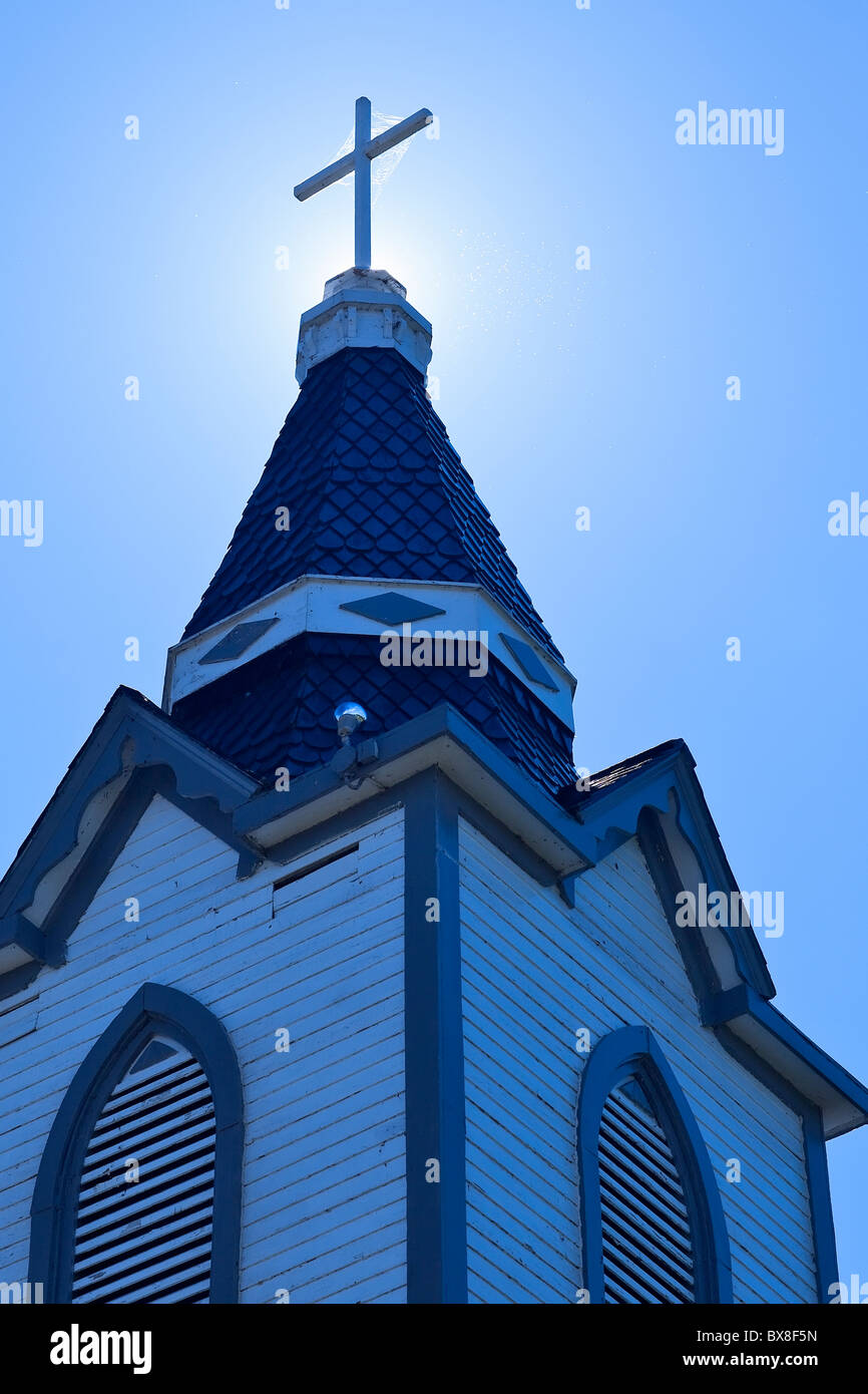 Hecla Dorfkirche oder Frelsis lutherische Kirche (Grund).  Hecla Island Provincial Park, Manitoba, Kanada. Stockfoto