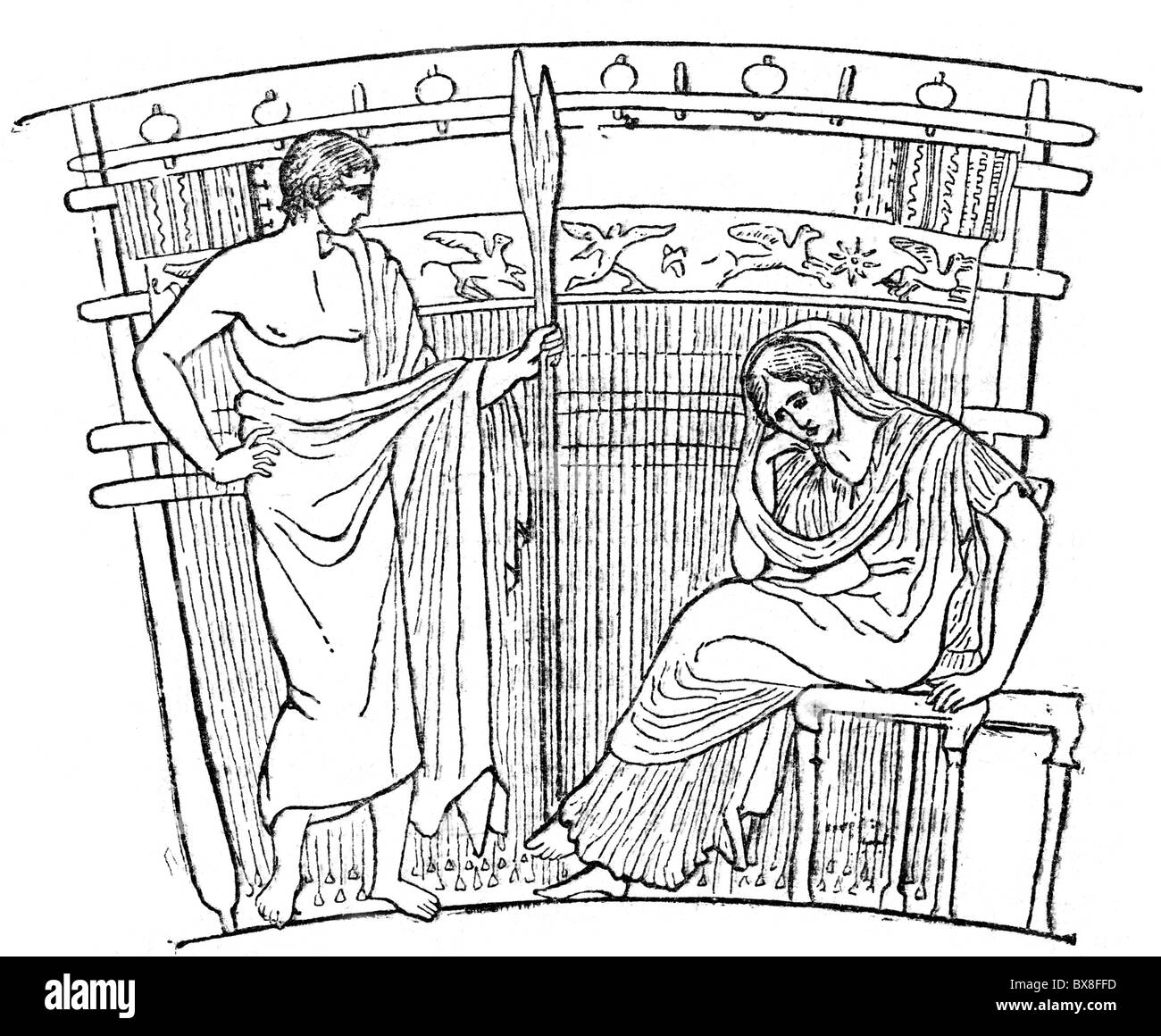 Literatur, griechische Mythologie, Odyssee von Homer, Telemachus und Penelope vor einem Webstuhl, Keramik, 5. Jahrhundert v. Chr., Zeichnung, 19. Jahrhundert, Technik, Handwerk, Textil, Frauen, Griechenland, Antike, Antike, historische, historische, antike Welt, Menschen, Zusatzrechte-Clearences-nicht vorhanden Stockfoto