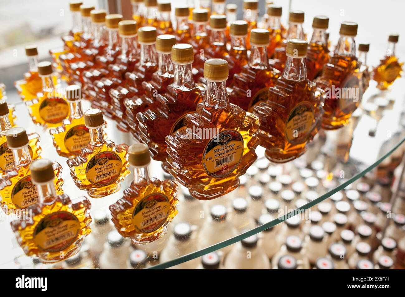 Ahornsirup in Glasflaschen. Stockfoto