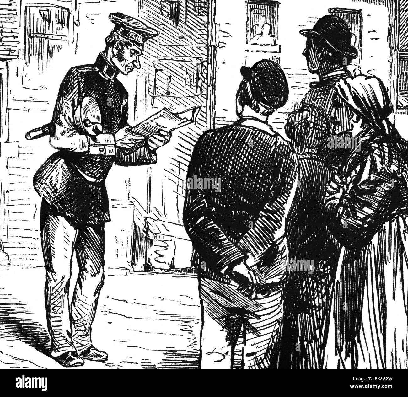 Personen, Berufe, barker, Gemeindediener bei öffentlicher Bekanntgabe, Holzstich, Deutschland, 1881, Zusatz-Rechte-Freigaben-nicht vorhanden Stockfoto