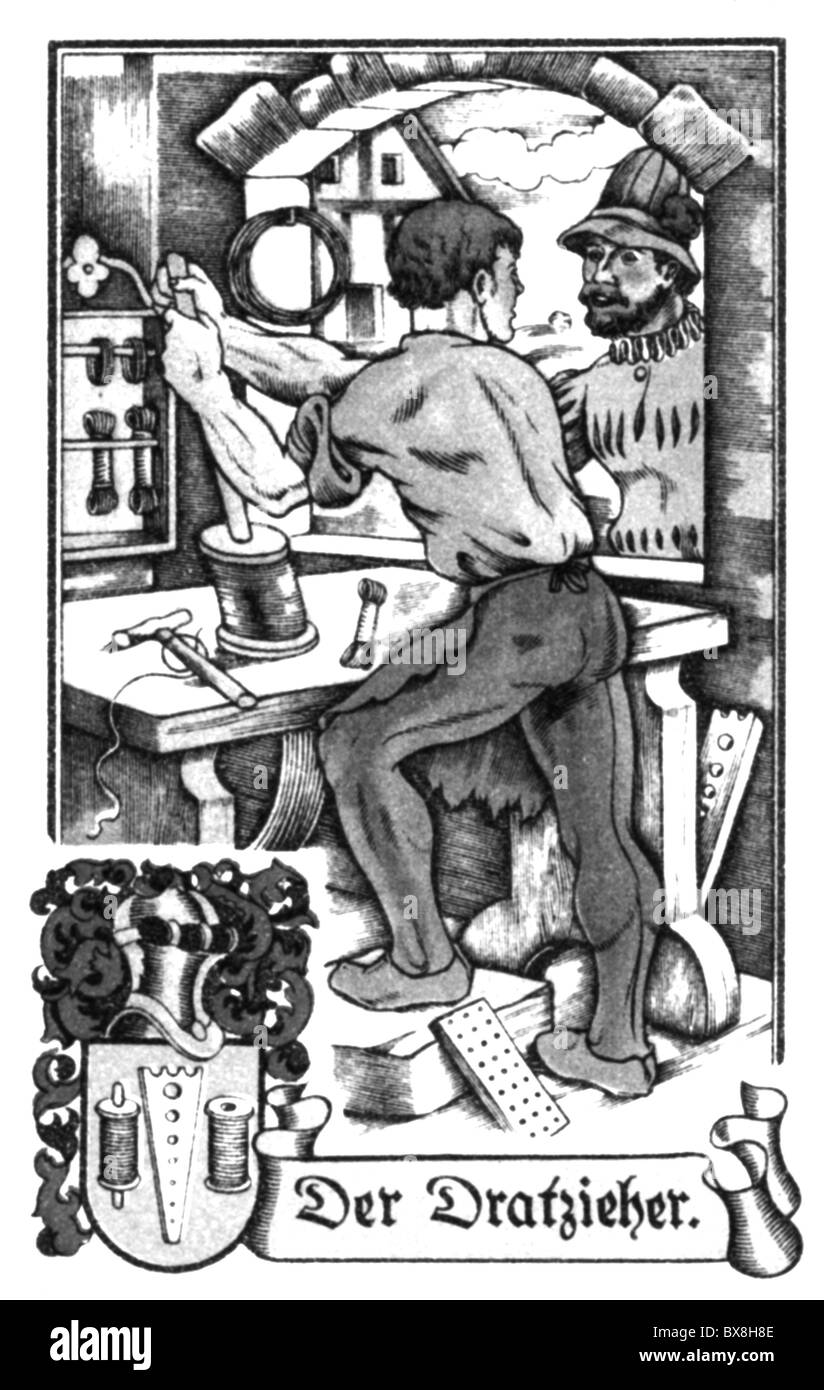 Personen, Berufe, Drahtschublade, um 1575, Farbdruck, Zigarettenkarte, Tengelmann, Mühlheim/Ruhr, 1934, , Zusatz-Rechteklärung-nicht vorhanden Stockfoto