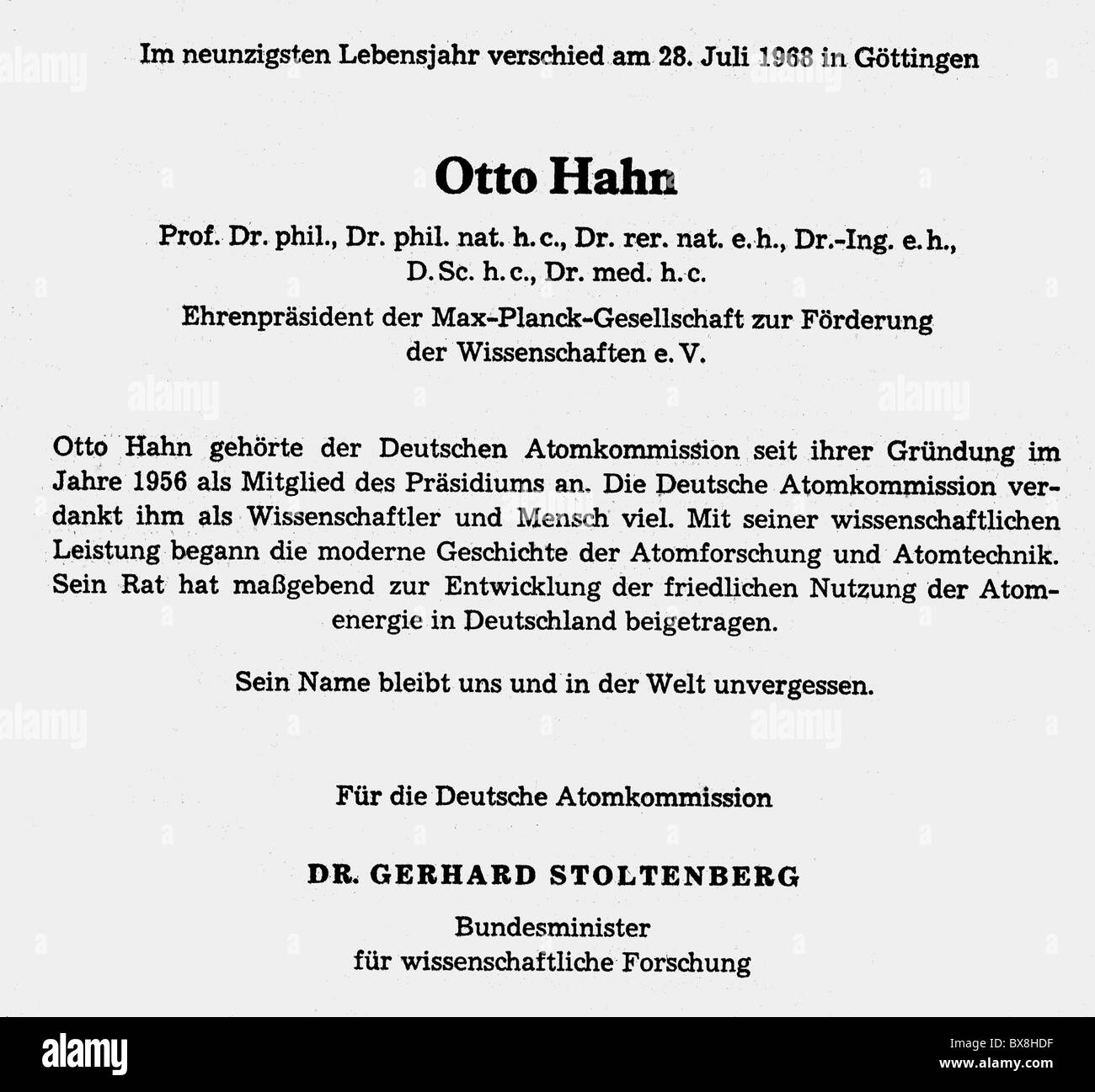 Hahn, Otto, 8.3.1879 - 28.7.1958, deutscher Chemiker, Nachruf, Sueddeutsche Zeitung, 30.7.1968, Stockfoto