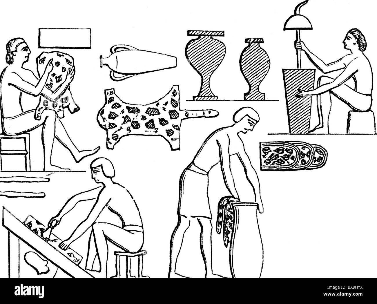 Menschen, Berufe, Gerber, Gerberladen, Relief, Sarkophag von Ti, 5. Dynastie, um 2600 v. Chr., Holzstich, 19. Jahrhundert, Altes Königreich, Antike, Antike, Tierhaut, Leder, Gerberei, Arbeit, Arbeit, Arbeit, Handwerk, Handwerker, historisch, historisch, historisch, alte Welt, Zusatz-Rechte-Clearences-nicht verfügbar Stockfoto