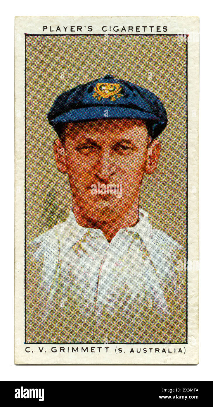 1934 Zigarette Karte mit Porträt des Cricketspieler Fragment (Clarence Victor) Grimmett von South Australia und Australien Stockfoto