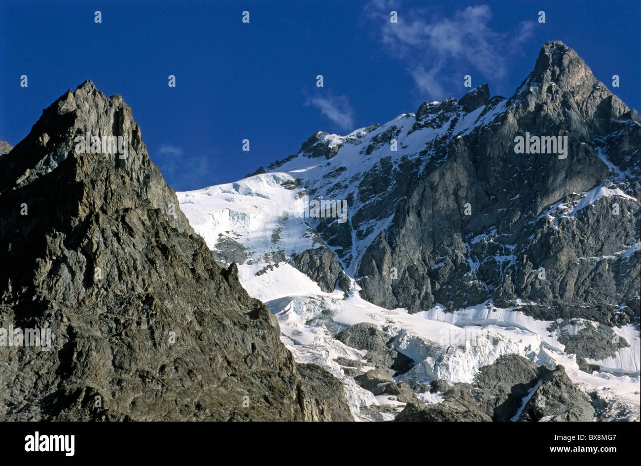 Gletscher auf die Barre des Ecrins und La Meije Berge in den französischen Alpen, Frankreich. Stockfoto