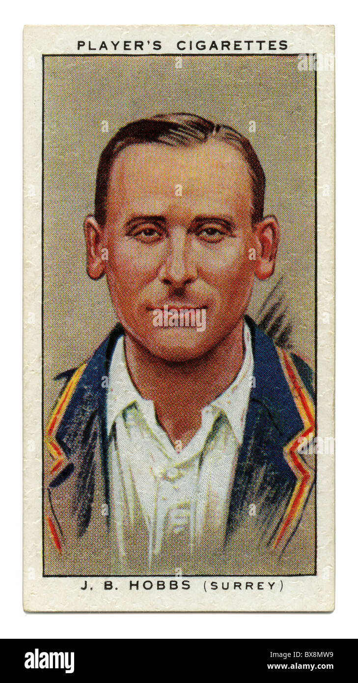 1934-Zigarette-Karte mit Porträt des Cricketspieler von Jack Hobbs Surrey und England Stockfoto
