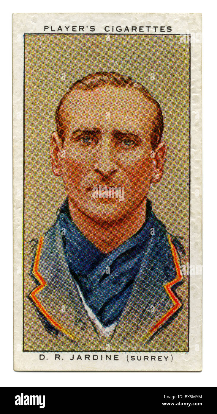 1934-Zigarette-Karte mit Porträt des Cricketspieler von Douglas Jardine von Surrey und Kapitän von England Stockfoto