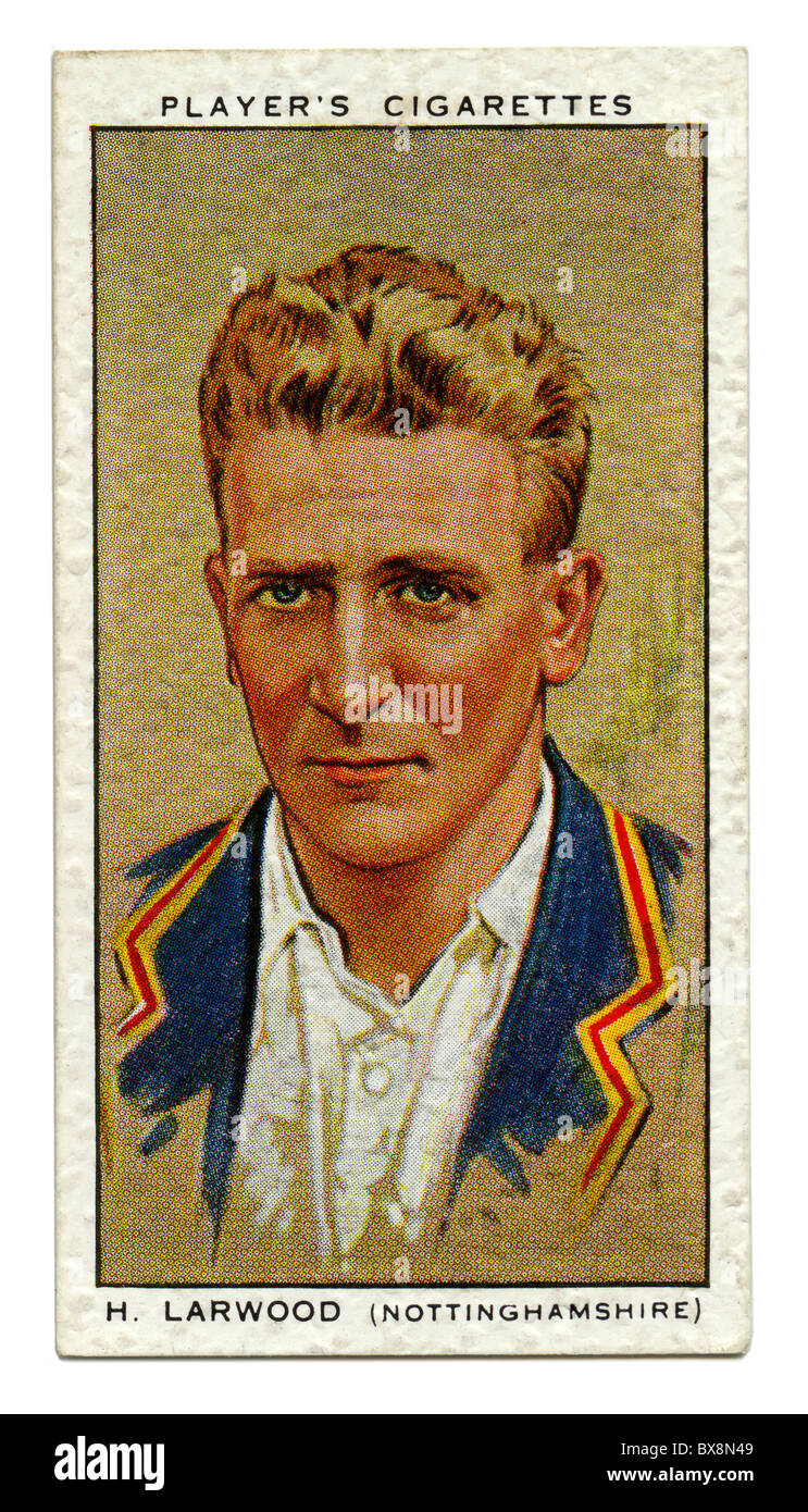 1934-Zigarette-Karte mit Porträt des Cricketspieler von Harold Larwood Nottinghamshire und England Stockfoto