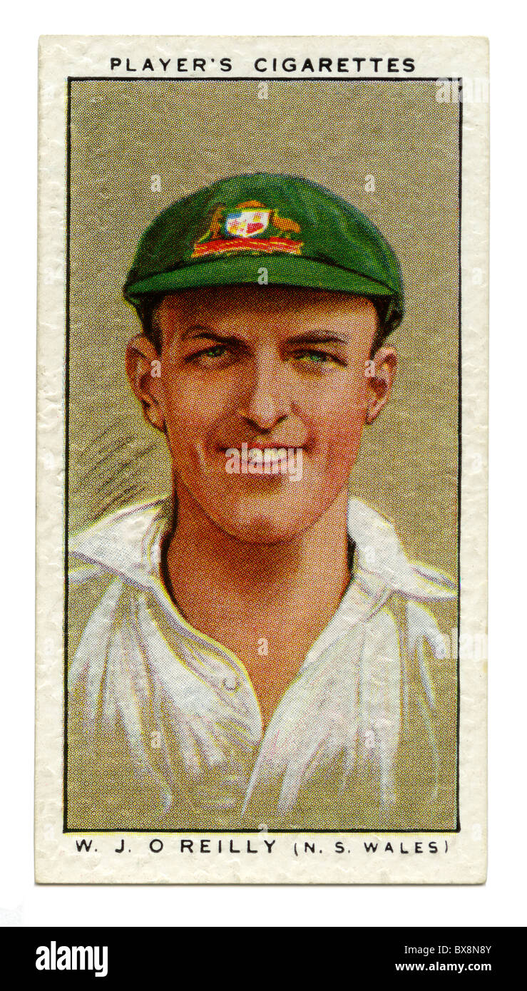 1934-Zigarette-Karte mit Porträt des Cricketspieler Bill (William Joseph) O'Reilly of New South Wales und Australien Stockfoto