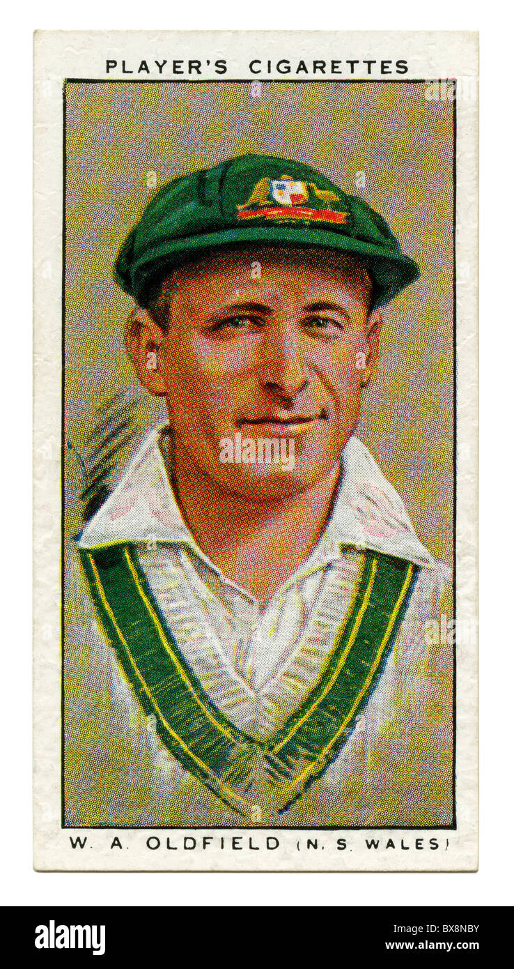 1934-Zigarette-Karte mit Porträt des Cricketspieler (William Albert) Bert Oldfield of New South Wales und Australien Stockfoto