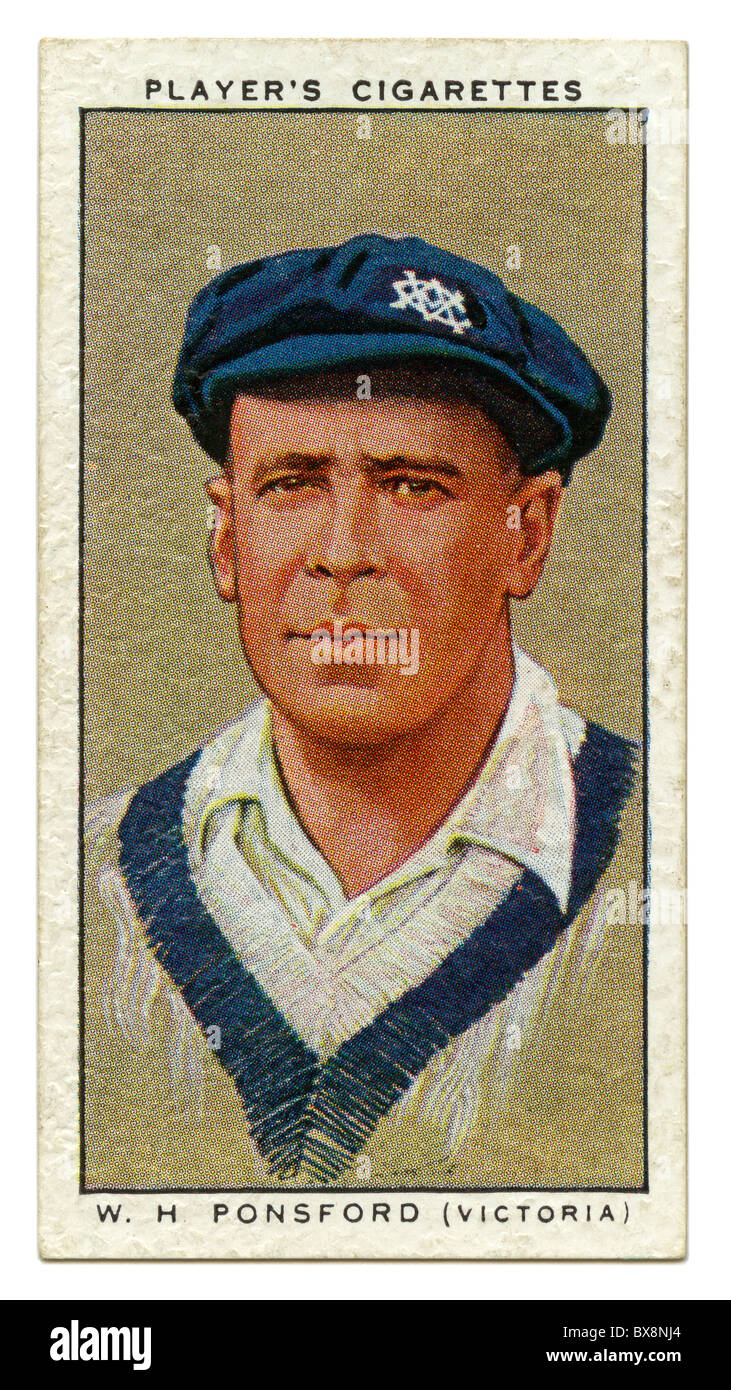 1934-Zigarette-Karte mit Porträt des Cricketspieler von Bill Ponsford von Victoria und Australien Stockfoto