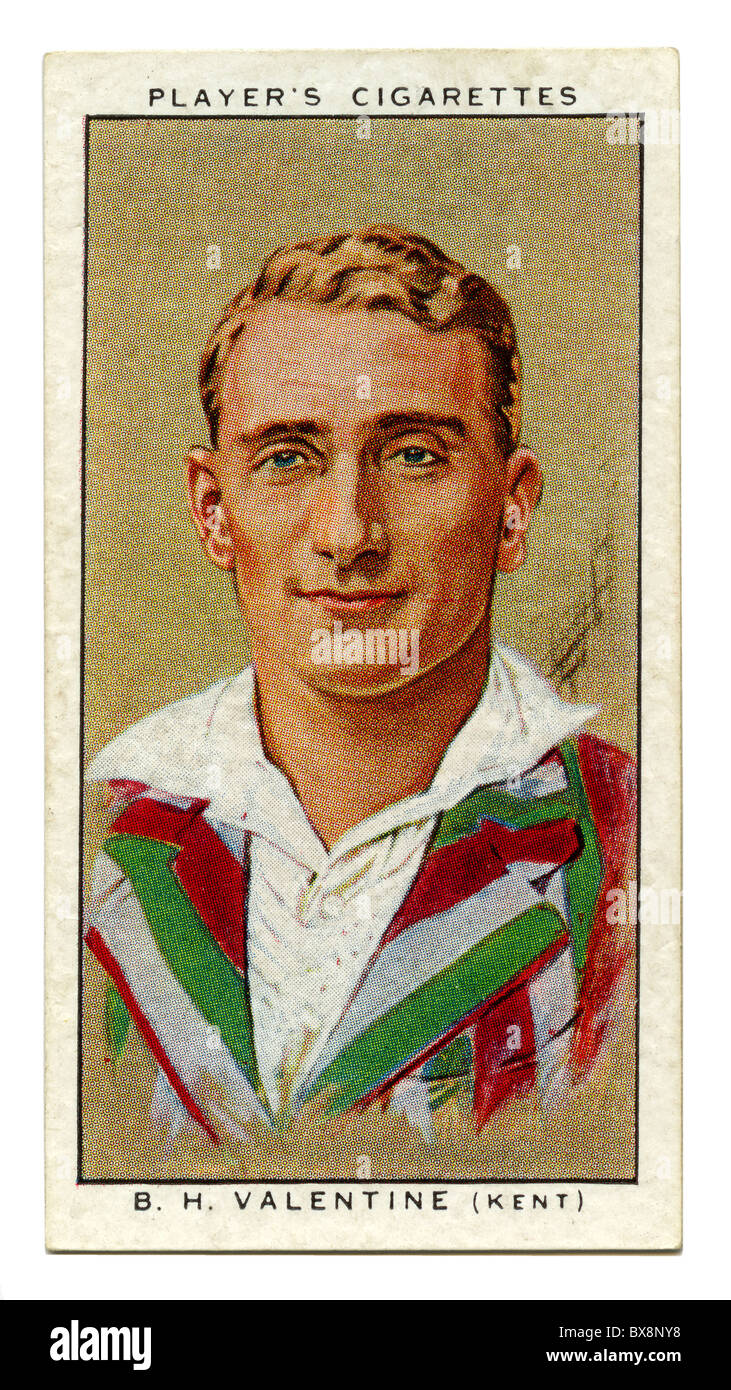 1934-Zigarette-Karte mit Porträt des Cricketspieler Brian Valentine von Kent und England Stockfoto