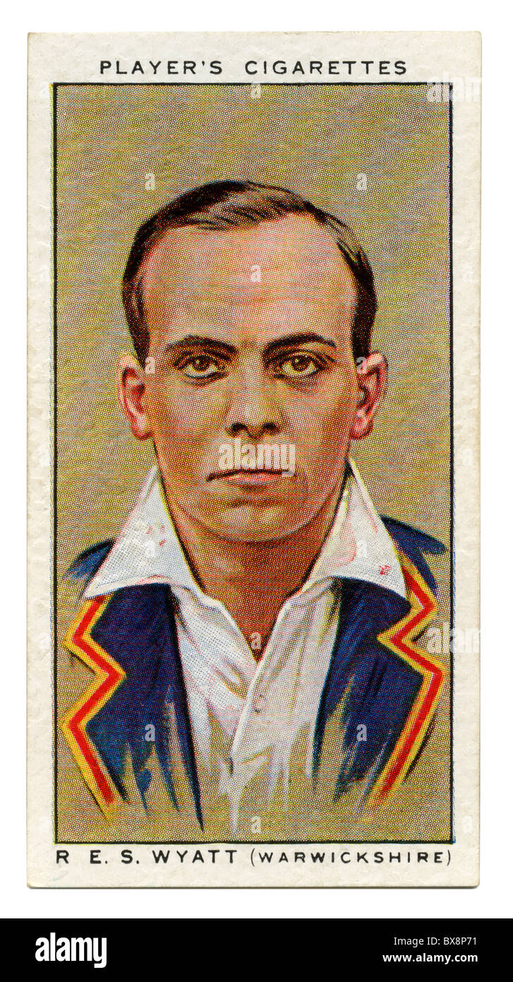 1934-Zigarette-Karte mit Porträt des Cricketspieler Bob Wyatt von Warwickshire und England Stockfoto