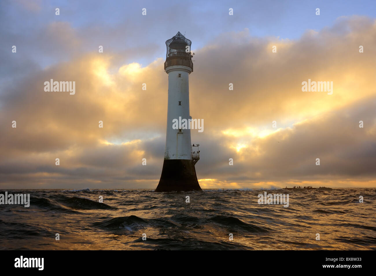 Der Leuchtturm Bell Rock bei Sonnenaufgang (12 Meilen von Arbroath), Angus, Schottland Stockfoto