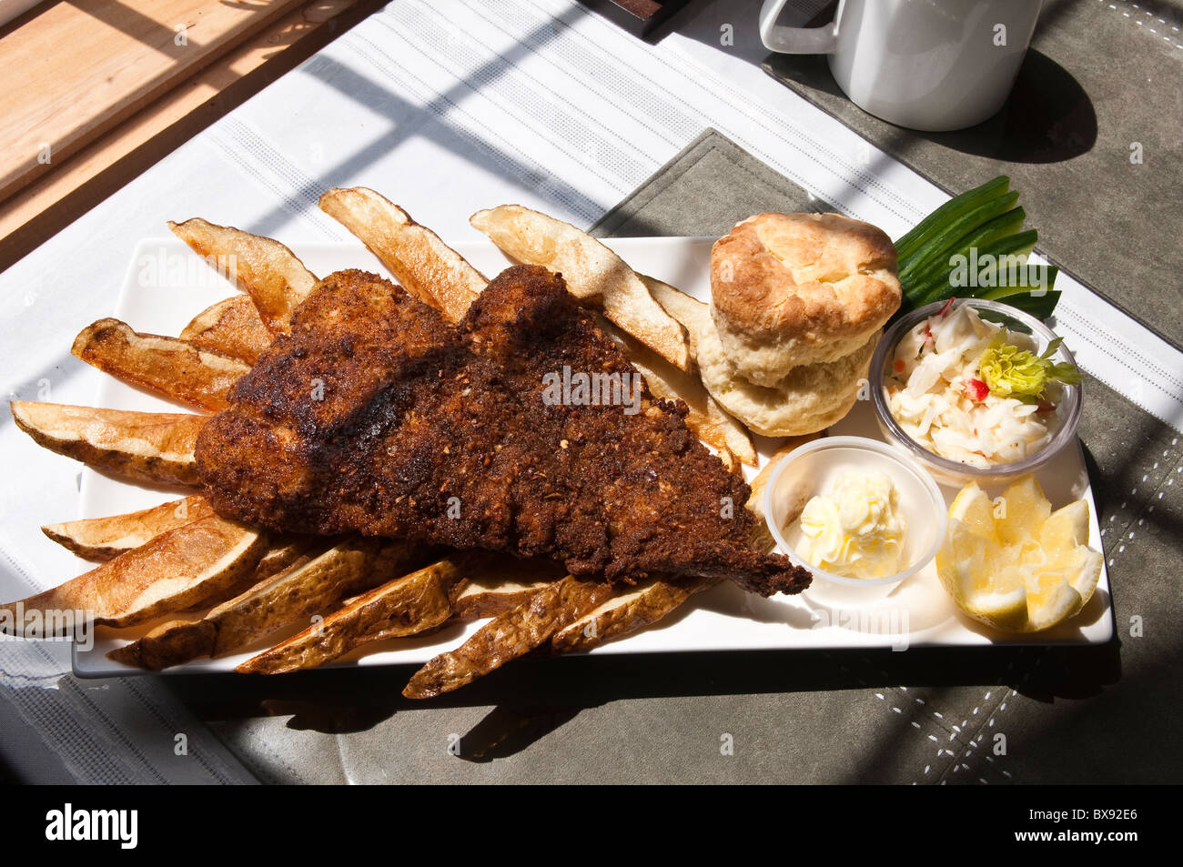 Fish and Chips Platte im Fiddlin Lobster Restaurant, Souris, Prince Edward Island, die maritimes, Stockfoto
