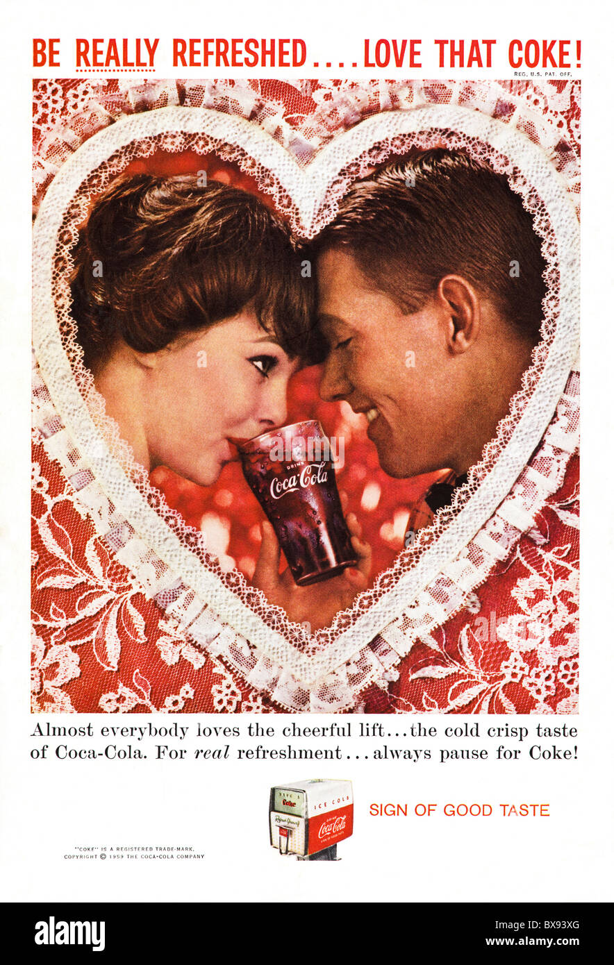 Klassische Farbe der Coca Cola Werbung mit Valentinstag im amerikanischen Magazin ca. Februar 1959 Stockfoto